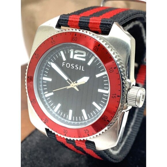 Fossil Men's Watch WB1042 Quartz Black Dial 38mm Red Black Nylon Strap - Picture 1 of 14